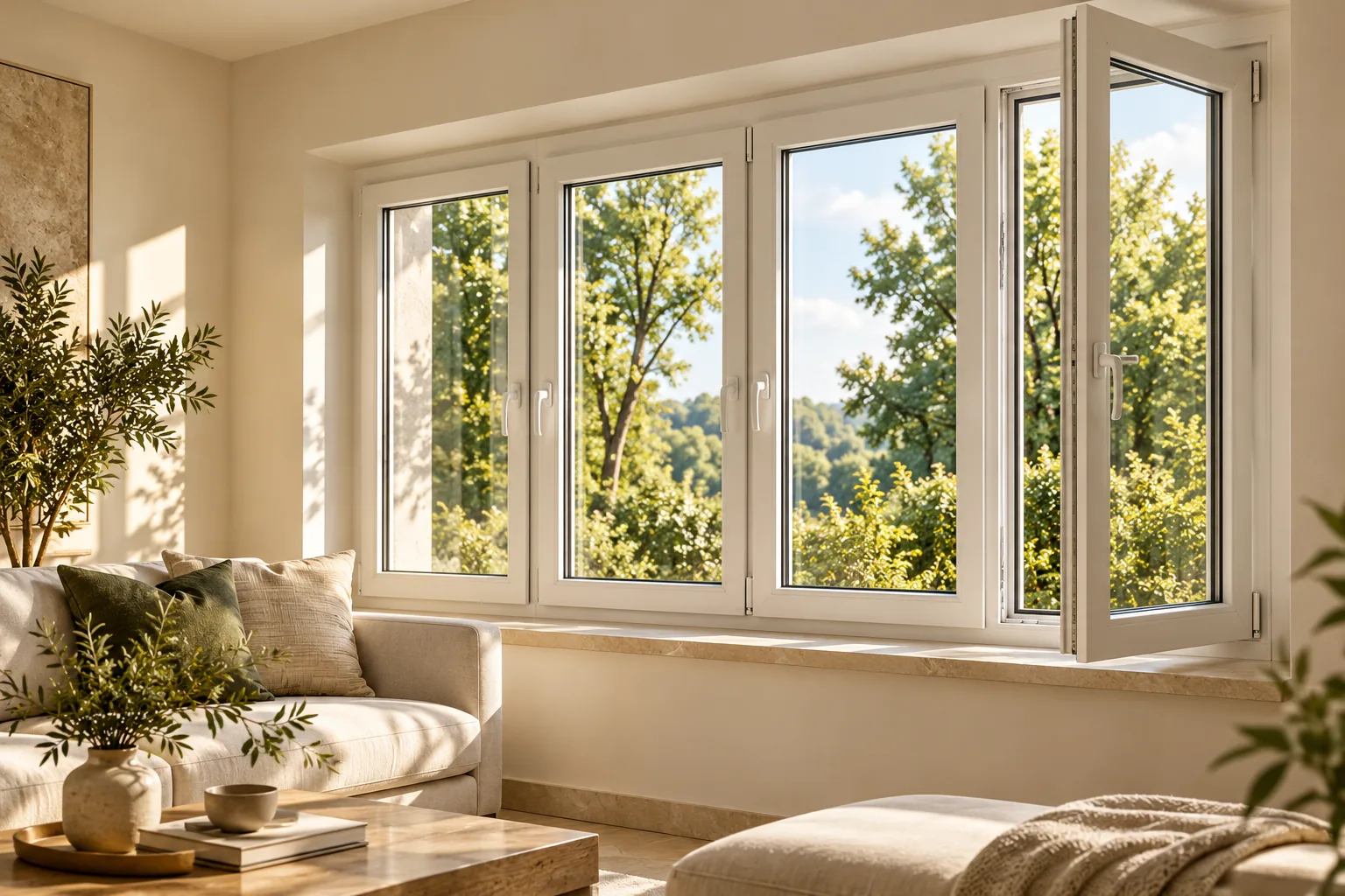 Conceptual white casement windows opening toward a garden in a sunlit interior